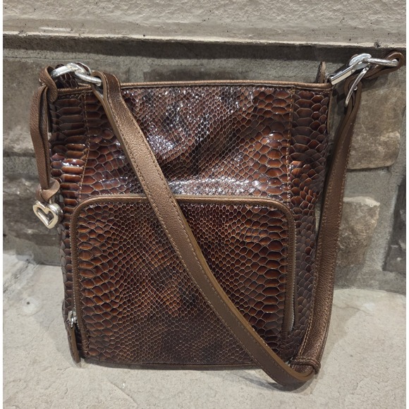 Brighton Handbags - BRIGHTON Brown Patent Leather Snakeskin Print Purse Shoulder Bag E440380 w Charm